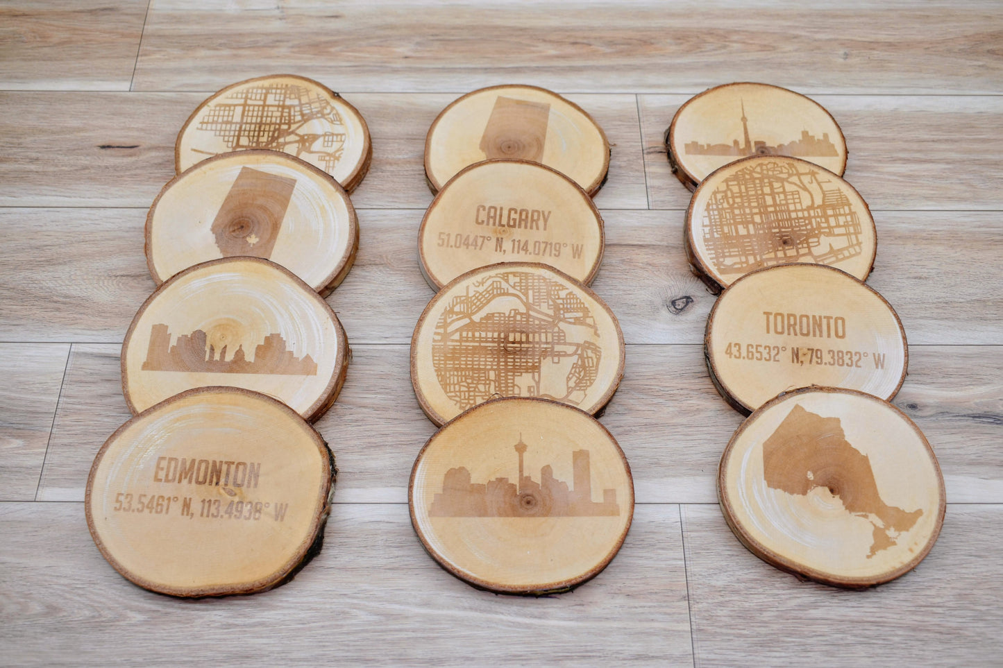 Engraved City Coaster Set on Birch Tree Slices