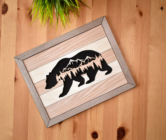 Alternating Wood Strips Bear and Mountains Sign
