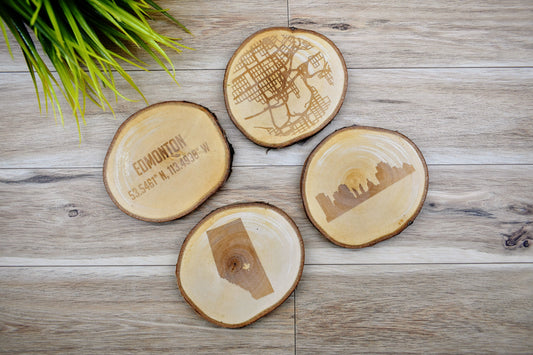 Engraved City Coaster Set on Birch Tree Slices