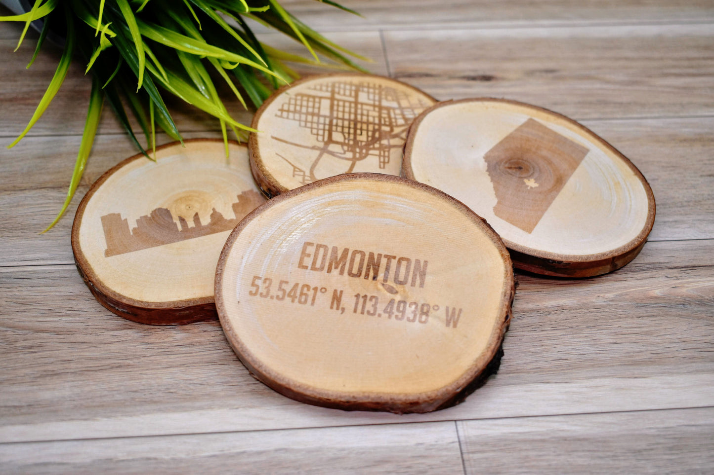 Engraved City Coaster Set on Birch Tree Slices