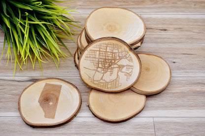Engraved City Coaster Set on Birch Tree Slices